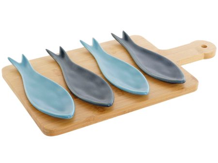 Appetizer Set Home ESPRIT Blue Green Navy Blue Bamboo Porcelain Mediterranean Fish 36 x 18 x 1,3 cm 5 Pieces on Sale