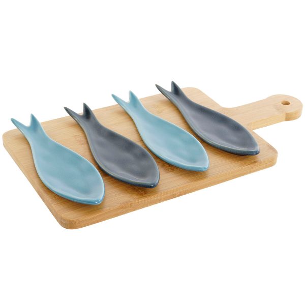 Appetizer Set Home ESPRIT Blue Green Navy Blue Bamboo Porcelain Mediterranean Fish 36 x 18 x 1,3 cm 5 Pieces on Sale