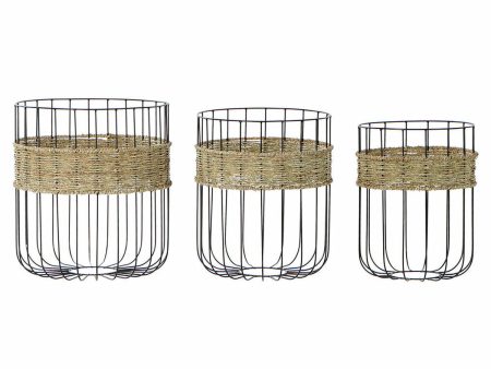 Basket set DKD Home Decor Black Natural Metal Natural Fibre 35 x 35 x 40 cm 3 Pieces Online Sale