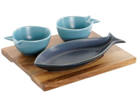 Appetizer Set Home ESPRIT Blue Sky blue Porcelain Acacia Mediterranean Fish 19,5 x 16,5 x 1,3 cm 4 Pieces Sale