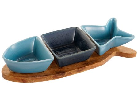 Appetizer Set Home ESPRIT Blue Navy Blue Porcelain Acacia Fish Mediterranean 28 x 9,7 x 1,3 cm 4 Pieces Online Sale