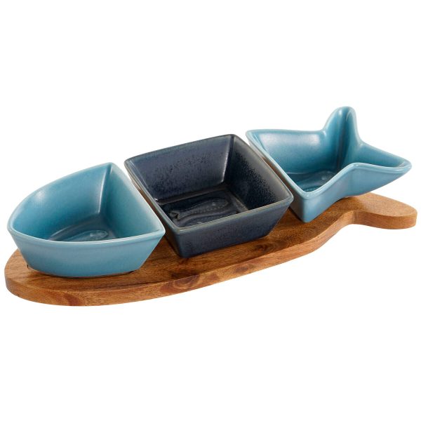 Appetizer Set Home ESPRIT Blue Navy Blue Porcelain Acacia Fish Mediterranean 28 x 9,7 x 1,3 cm 4 Pieces Online Sale