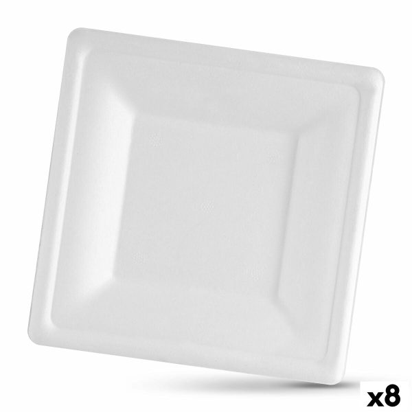 Plate set Algon Disposable White Sugar Cane Squared 26 cm (8 Units) Online Sale